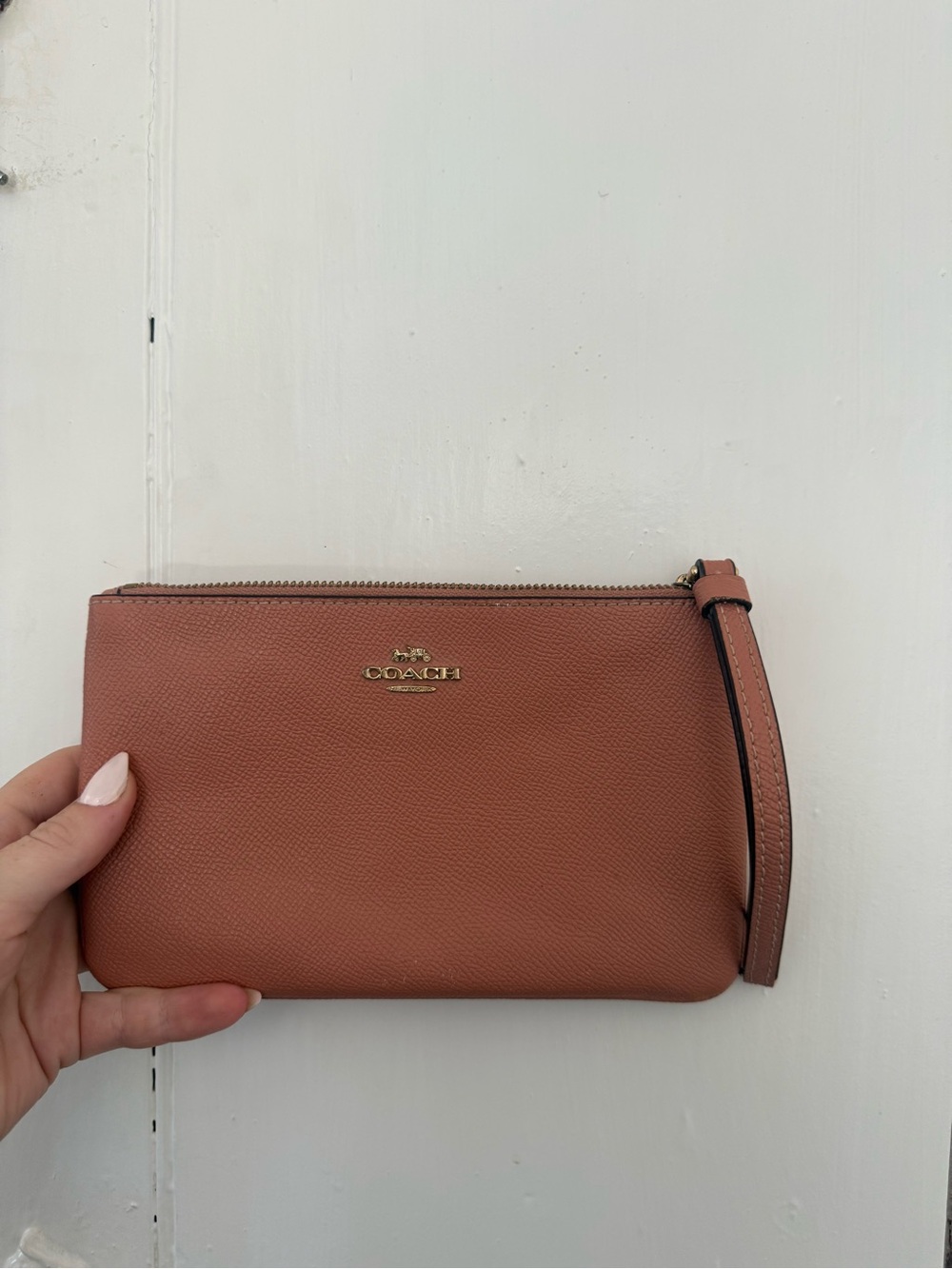 Coach Pebbled Leather Wristlet in Dusty Rose Pink